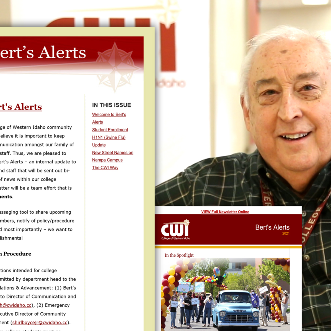 Bert and images of the first and recent issues of Bert's Alerts