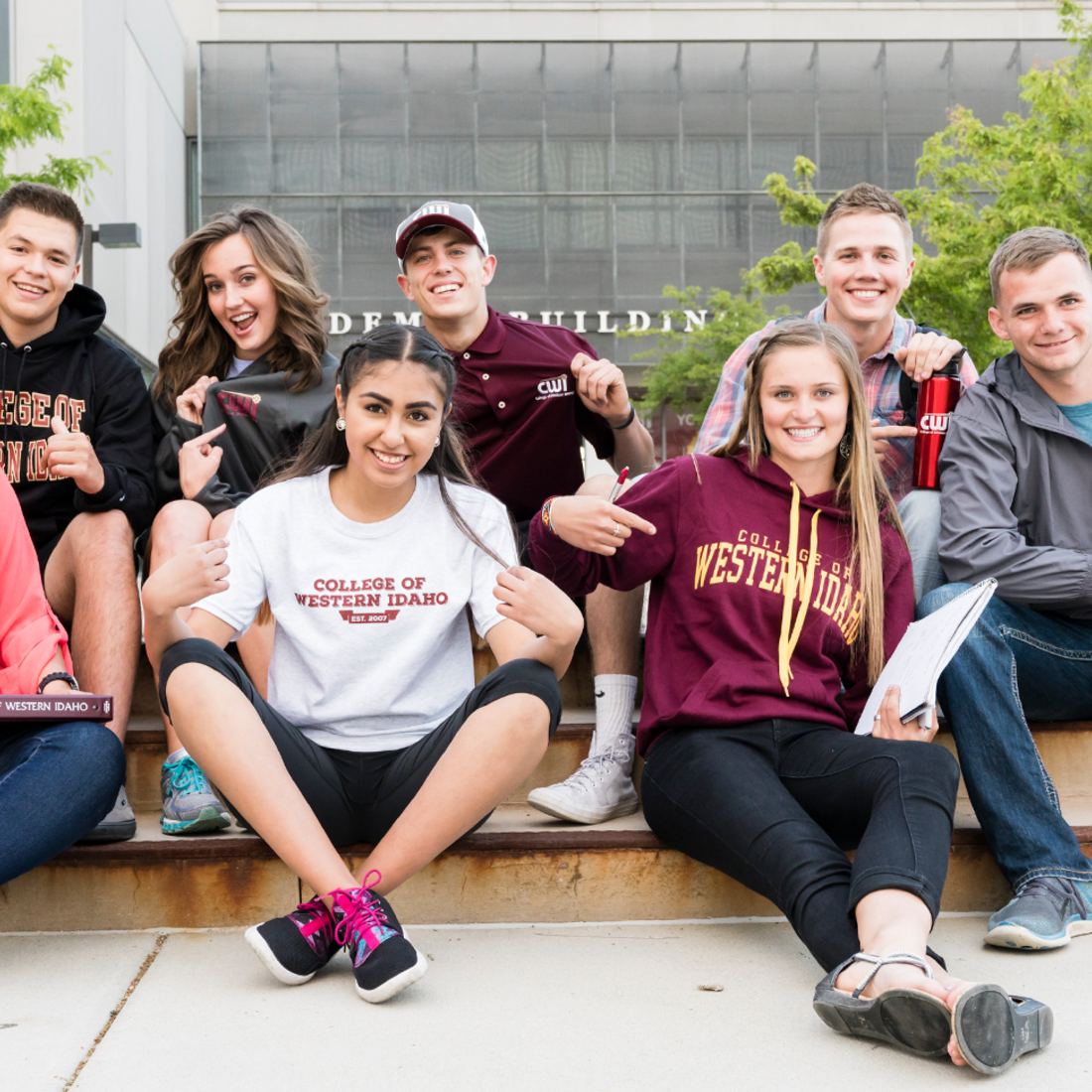 Students in front of the Nampa Campus Academic Building.