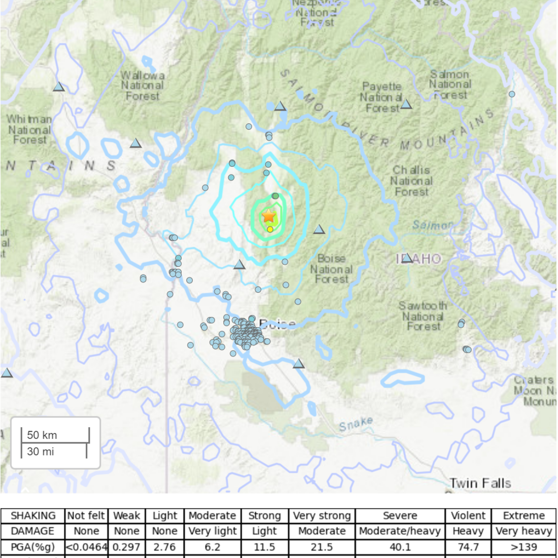 A topographic map of western Idaho displays the location and magnitude of the 4.9 earthquake.