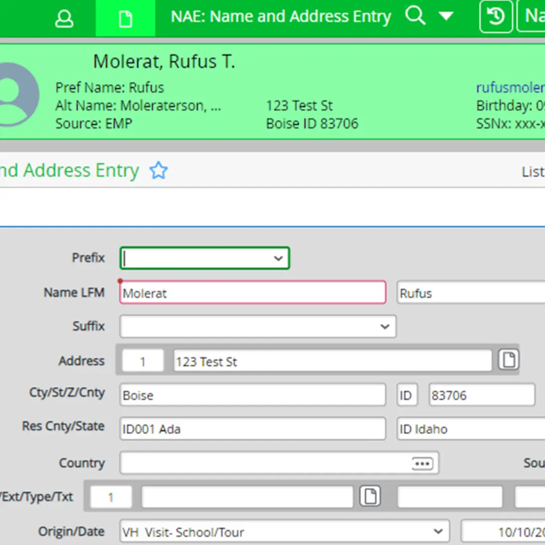 Name and Address Entry screen in Colleague