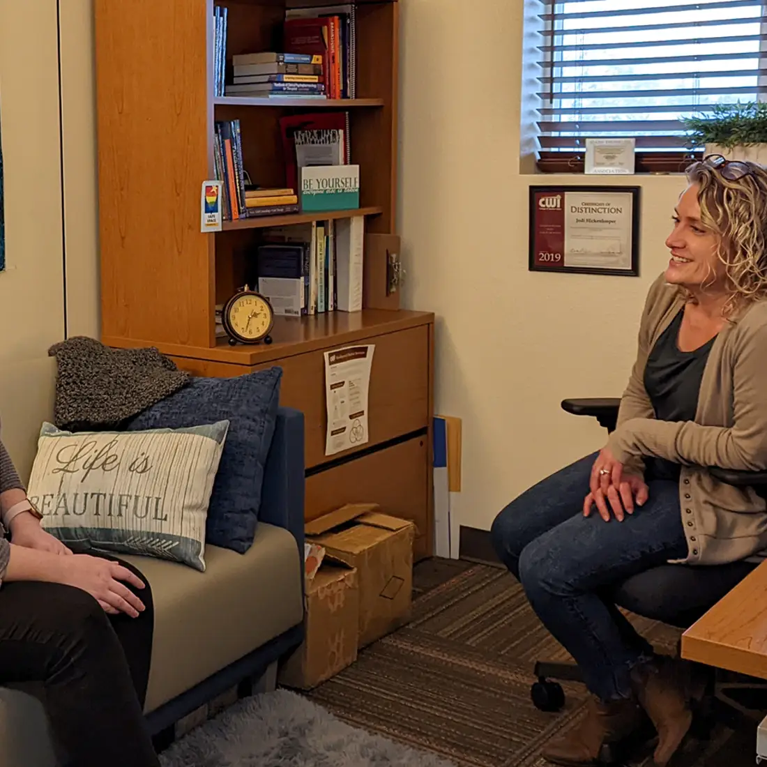 student talking to a counselor in an office
