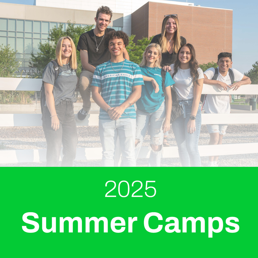 2025 Summer Camps and a group of students gathered at a fence