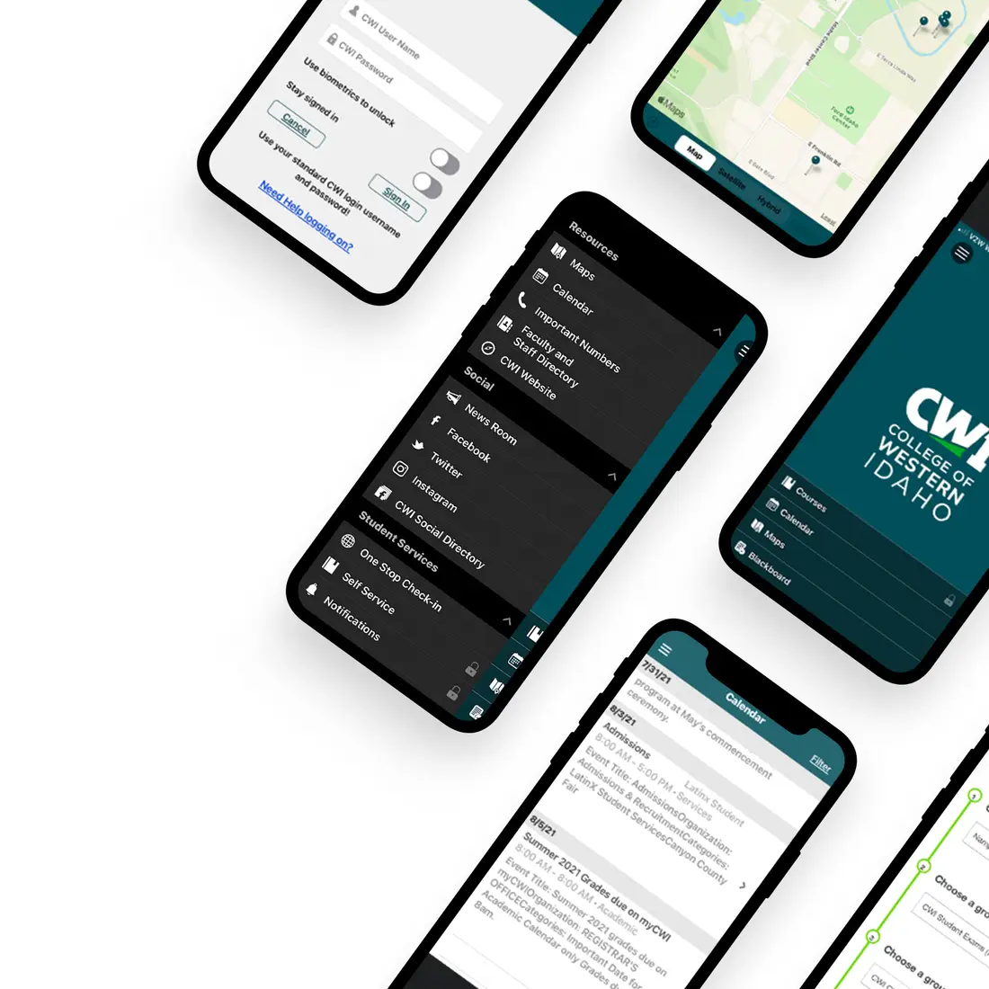 Several phone screens showing CWIs new mobile app