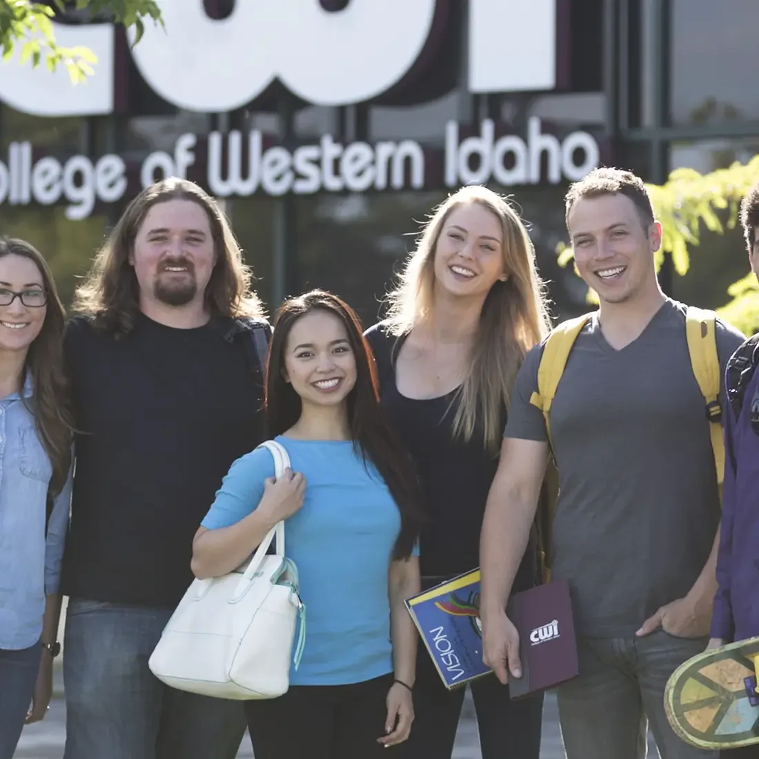 Students standing outside the Ada County Campus Pintail Center. 