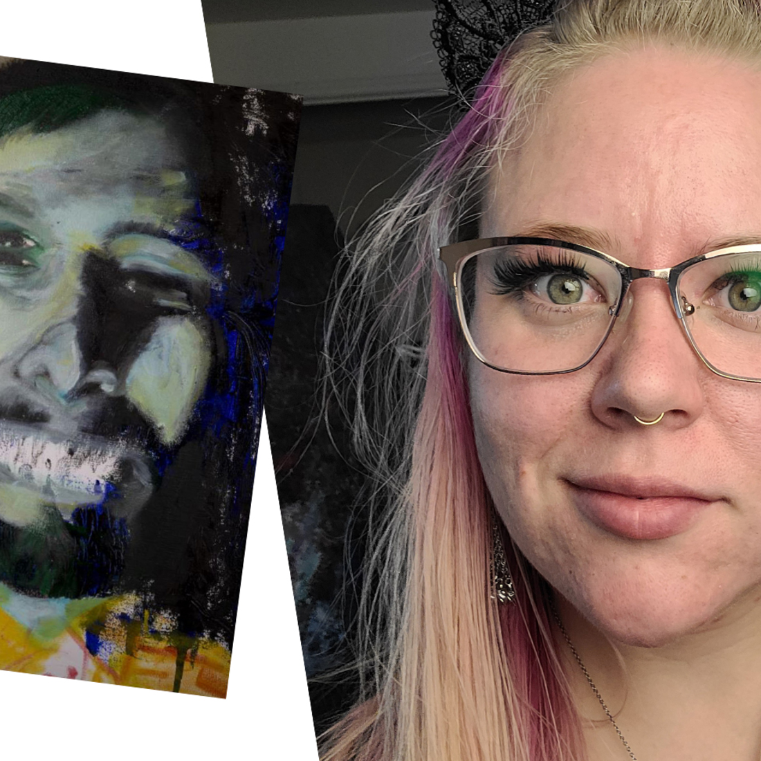 Fii Hoynacki, 2020 Juried Art Show Winner, alongside her oil painting, Not Enough