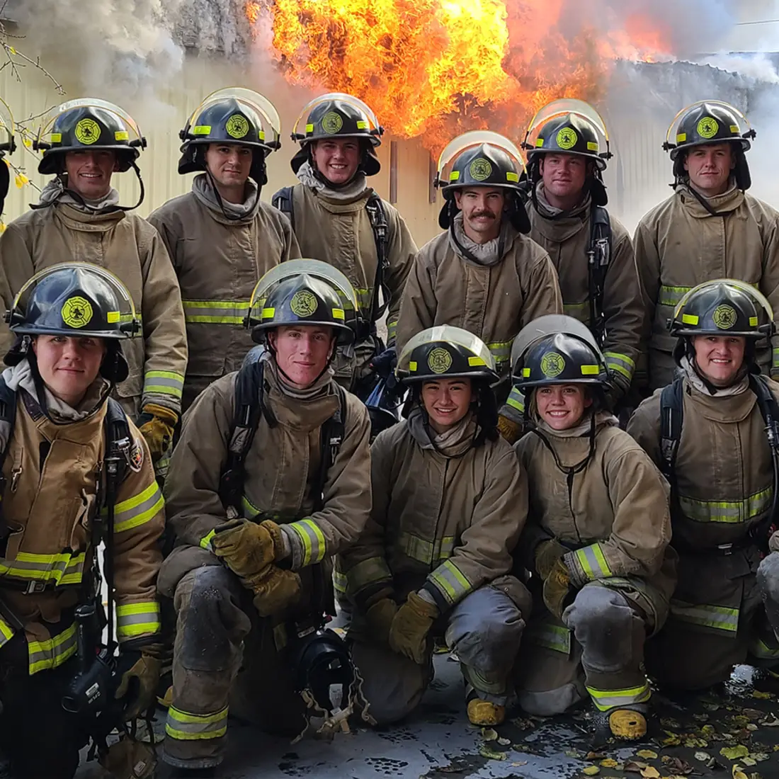 Fire Service Technology Students dressed in firefighting gear near a fire