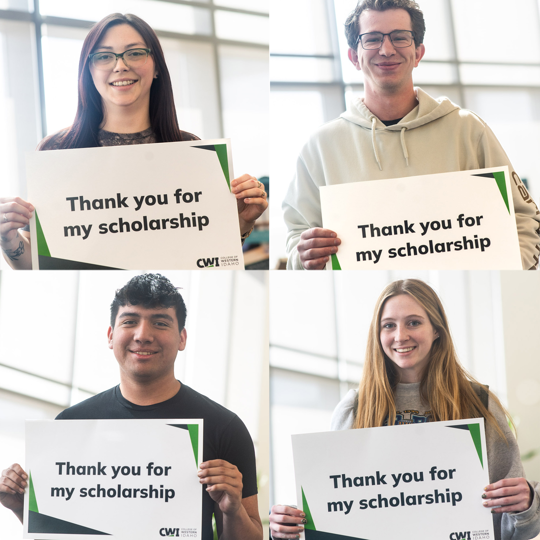 A grid of 4 students holding thank you signs.