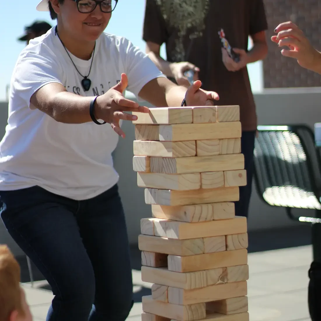 Students playing Jenga