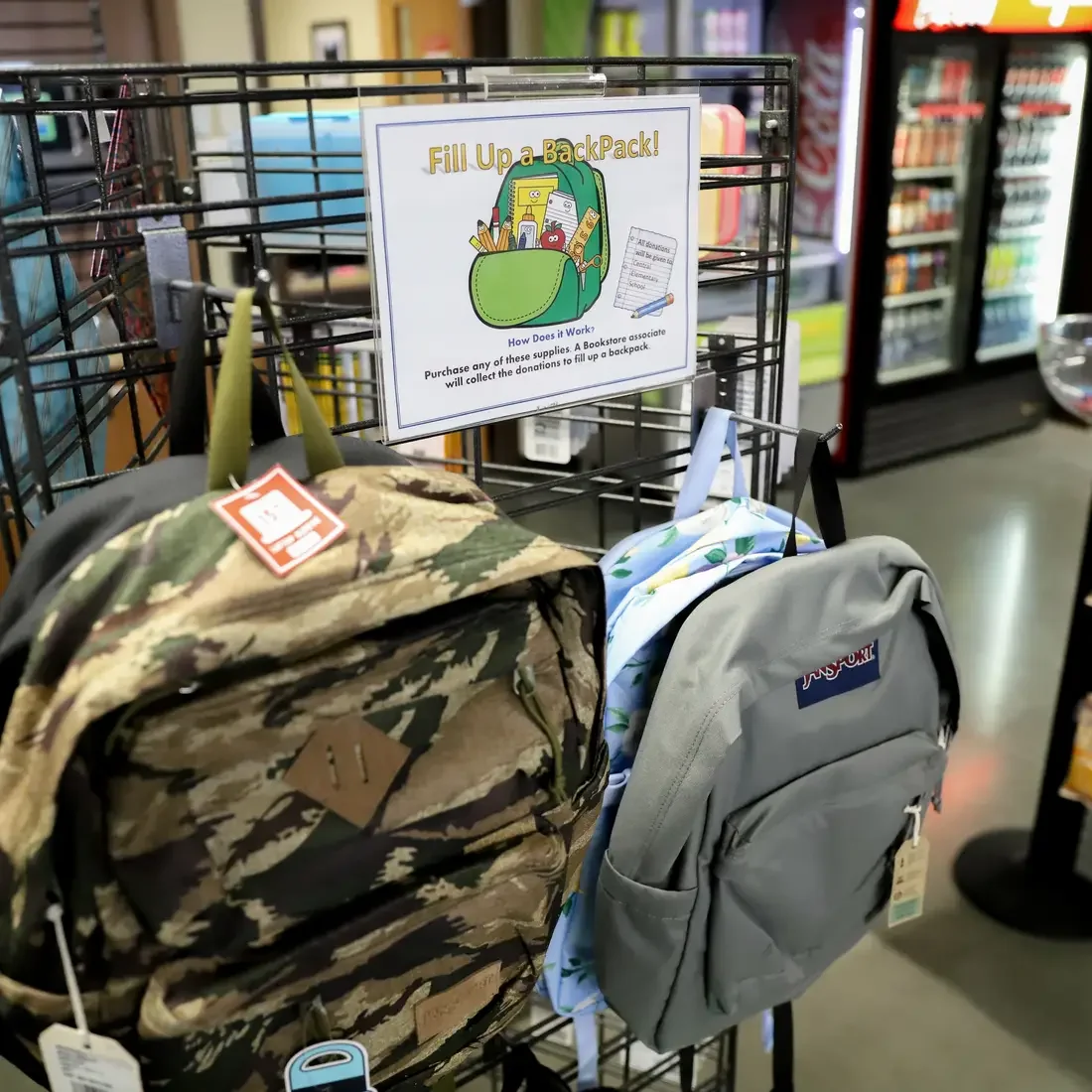 Bookstore donated backpacks for school supplies