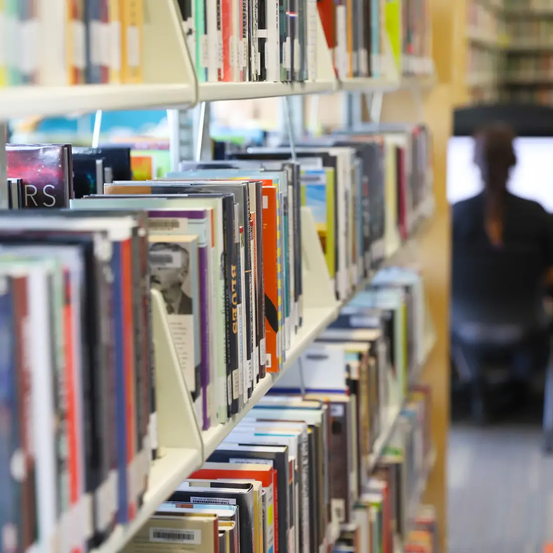CWI Library books and student working on computer