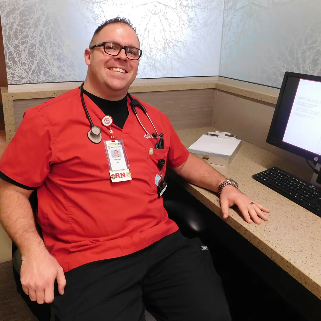 Jeremiah Nabarrete-Stuart, a College of Western Idaho Nursing Program graduate, poses for a photo during a shift at St. Alphonsus Medical Center Nampa. 