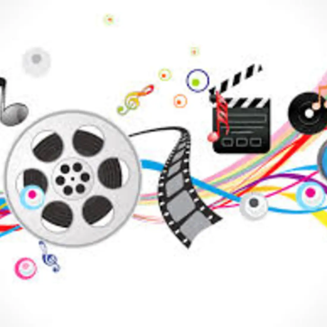 Graphic of film reel, color ribbons, and music notes