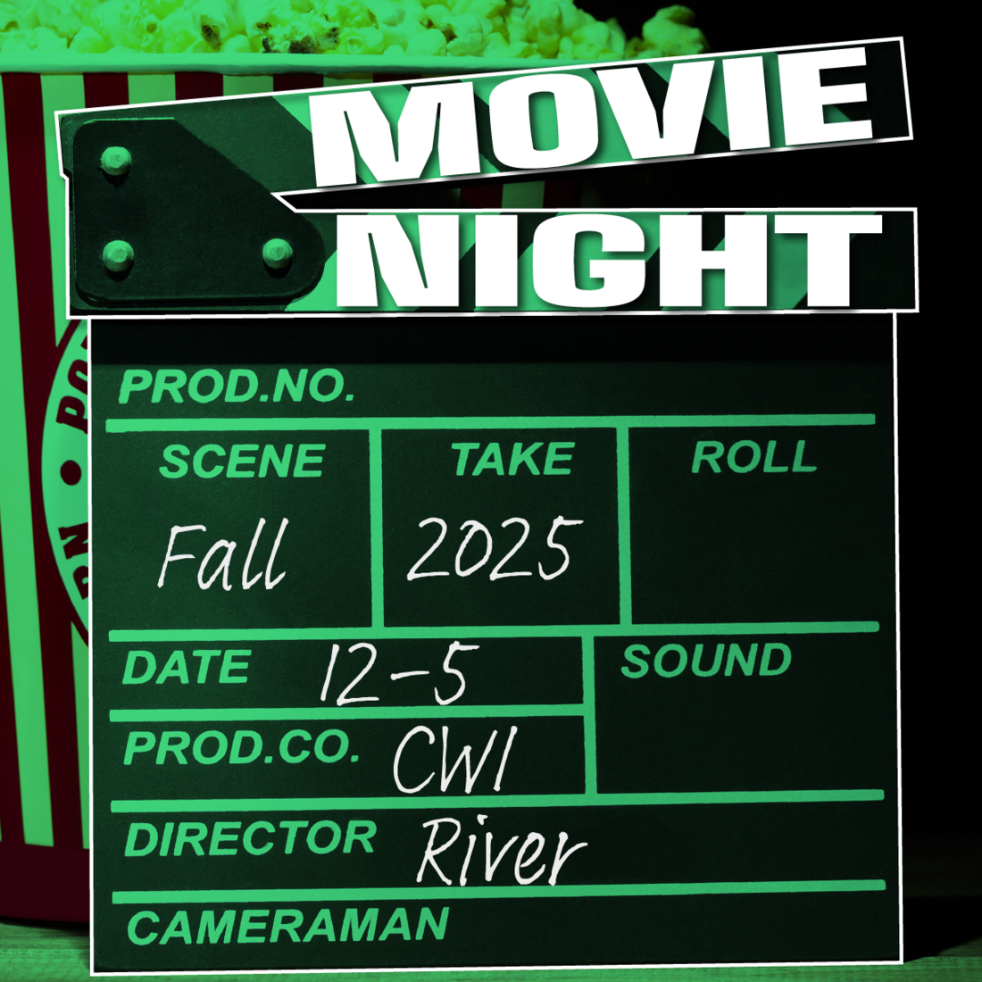 Movie Night information on a film slate