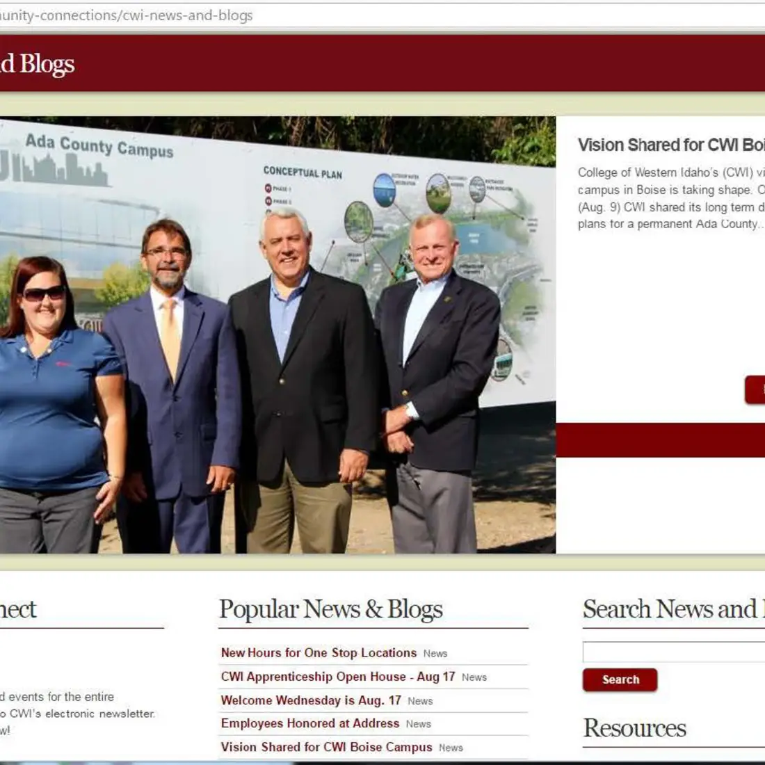 Screen shot of CWI News Room with image of Trustees in front of billboard