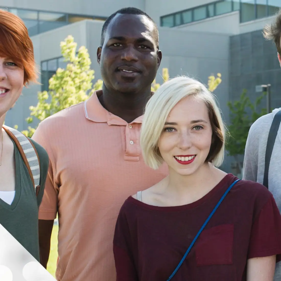 Opening Doors logo and and group of students outside the Nampa Campus Academic Building