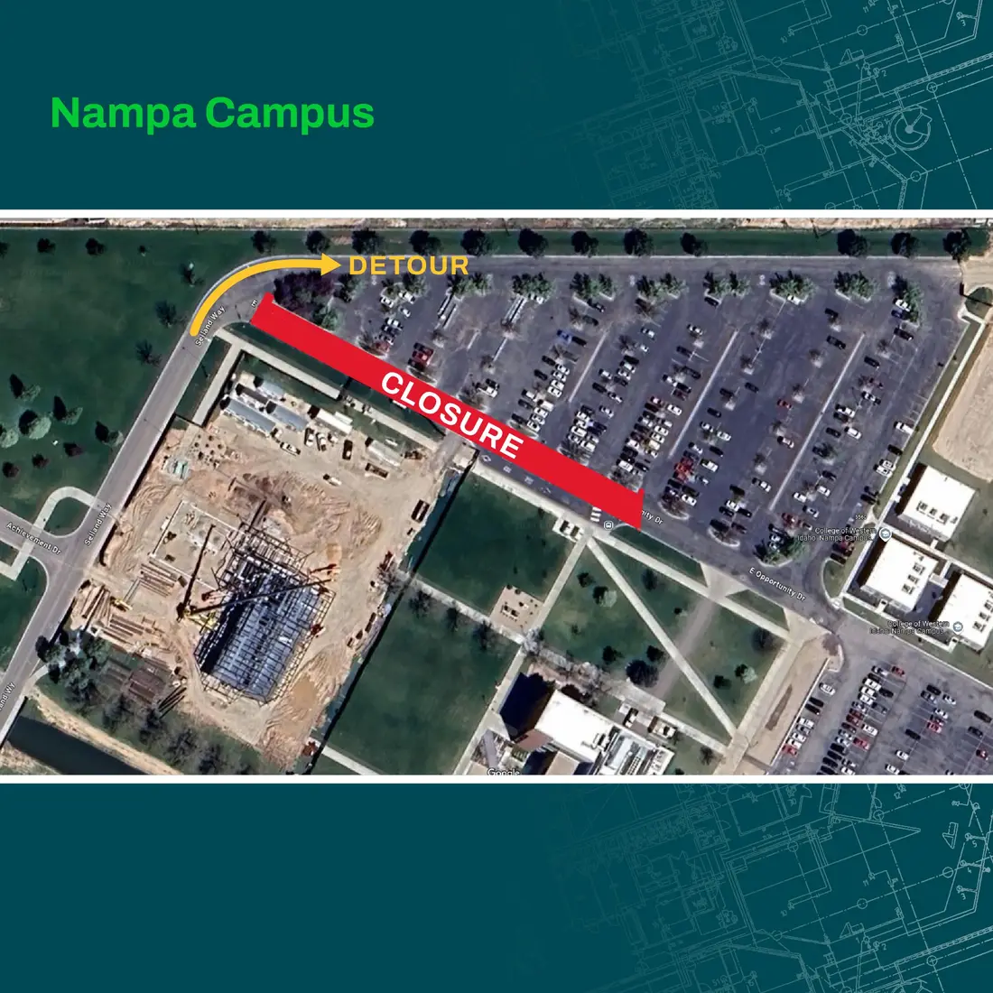 A map of campus that shows an upcoming road closure for construction
