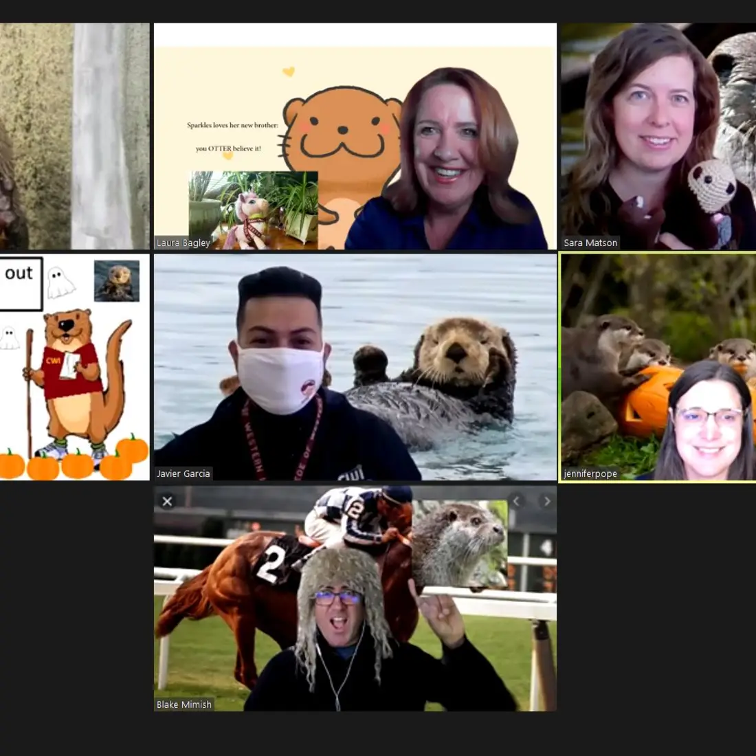 Members of Staff Senate on a Zoom screen with an otter theme for Halloween