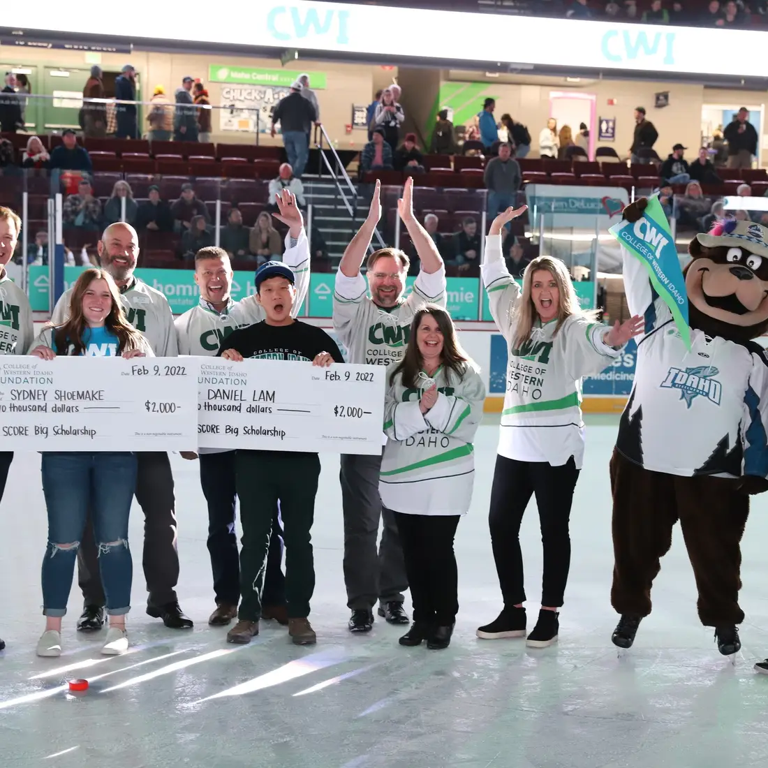 On-ice scholarship presentation during CWI Night at the Steelheads