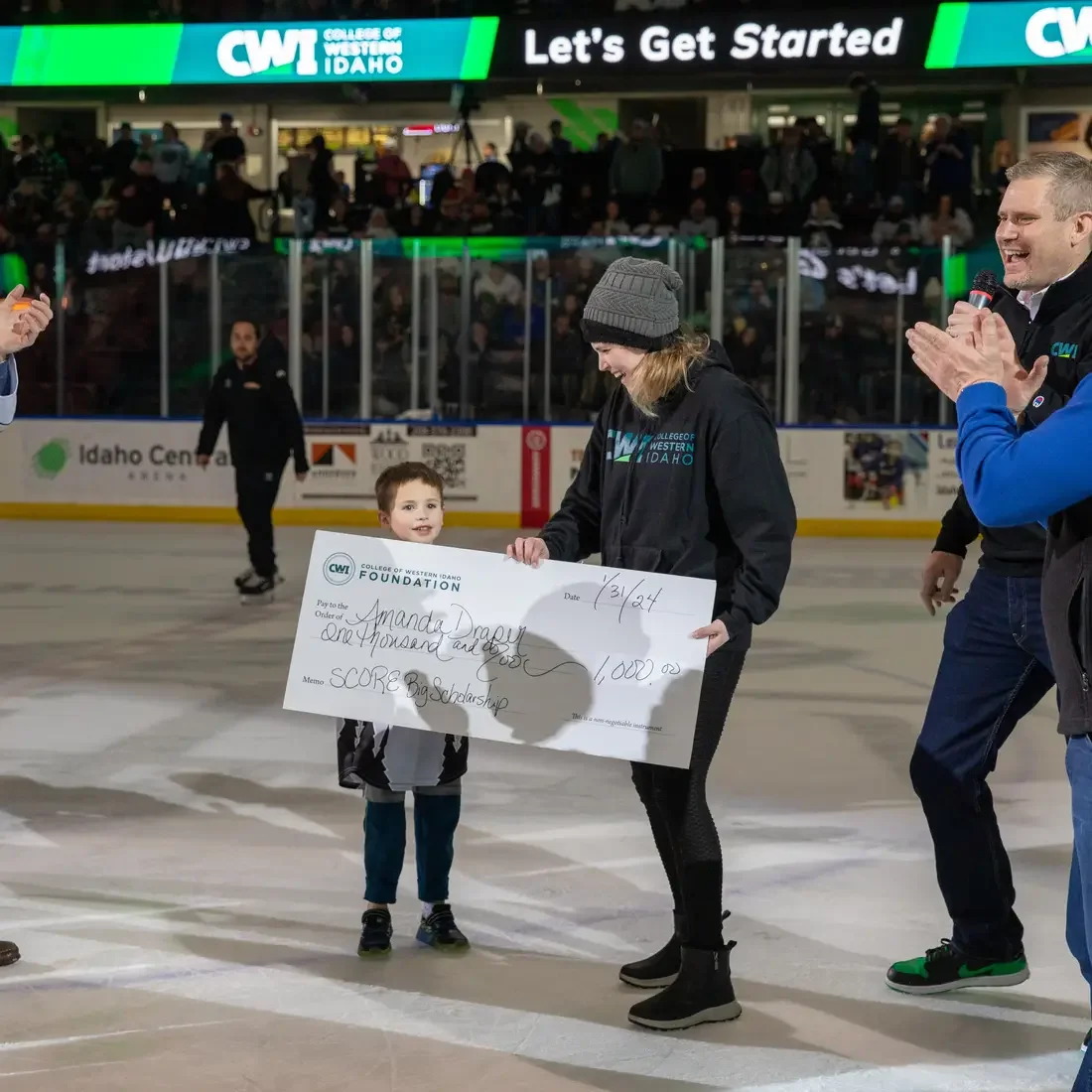 Scholarship awarded on the ice during CWI Night at the Idaho Steelheads game.