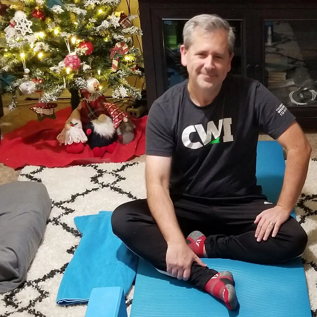 Employee Wellness Challenge participant, Ted Daniels, ready for some yoga