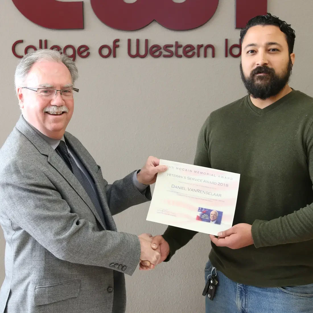 Daniel VanRenselaar, a veteran and Business major at College of Western Idaho, receives John McCain Memorial Award
