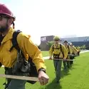 Recruits during Basic Fire School in front of the Nampa Campus Academic Building