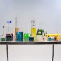 Close up of chemistry lab test tubes and bottles