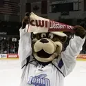 Idaho Steelheads Mascot, Blue, holding a CWI pennant