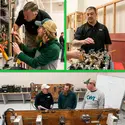 Collage of three photos showing various people working on HVAC, Electrical, and Plumbing equipment