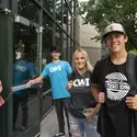 Students about to walk into a campus building