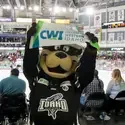 Steelheads mascot, Blue, holding CWI pennet