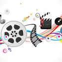 Graphic of film reel, color ribbons, and music notes