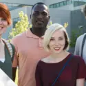 Opening Doors logo and and group of students outside the Nampa Campus Academic Building