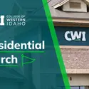 Presidential Search graphic paired with photo of Nampa Campus Aspen Classroom Building