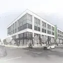 An architectural rendering of a new building