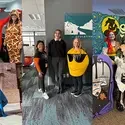 A collage of staff members dressed up in Halloween costumes.