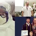Collage of photos of Mike Tinker - at work on the front lines, at Nursing Pinning Ceremony, and his family at Commencement