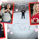 Five Speech and Debate alumni making heart shapes with their hands