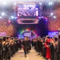 Confetti falling on graduates at the conclusion of the 2019 Commencement ceremony at Taco Bell Arena on May 17, 2019