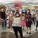 One Stop Student Services employees at the Nampa Campus Micron Education Center sporting their Be Safe, Be Mighty masks