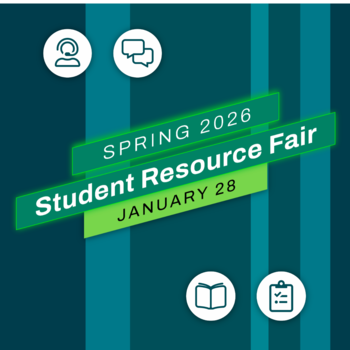 Spring 2026 Student Resource Fair January 28 | Blue stripes |4 symbols of a headset, speech bubble, book, checklist 