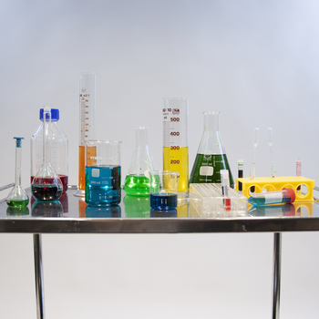 Close up of chemistry lab test tubes and bottles