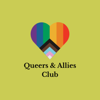 club logo is a heart with LGBTQ+ colors and the Queers and Allies Club name below.
