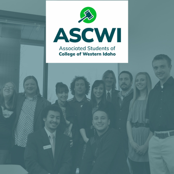 Associated Students of College of Western Idaho text and a large group of students standing together looking at the camera