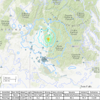 A topographic map of western Idaho displays the location and magnitude of the 4.9 earthquake.