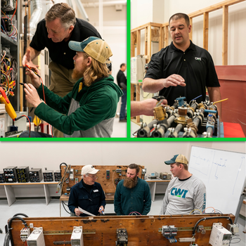 Collage of three photos showing various people working on HVAC, Electrical, and Plumbing equipment