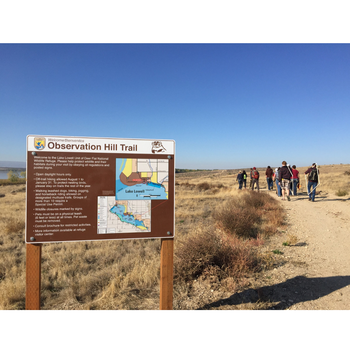 Group of students walking away from a sign about Observation Hill Trail