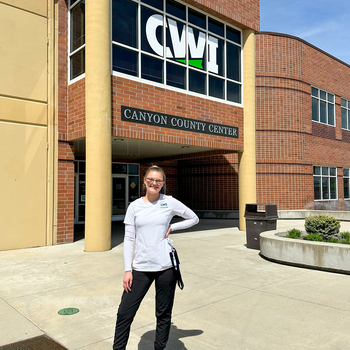 Kendra Zirschky in front of Canyon County Center