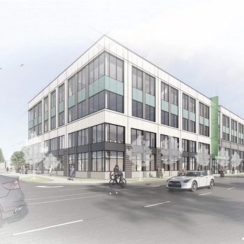 An architectural rendering of a new building