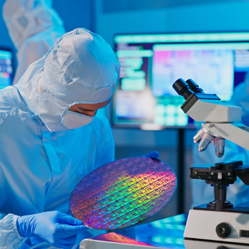 Semiconductor employee examining wafer